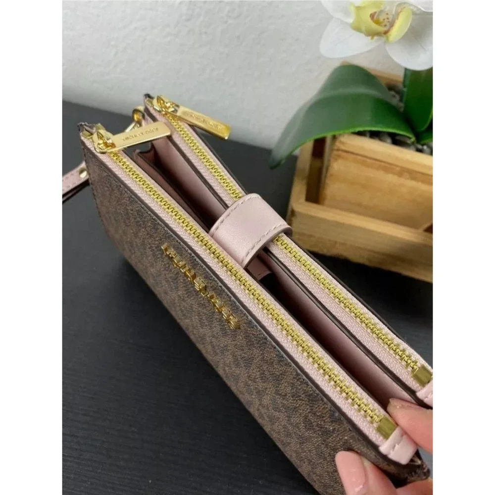 Michael kors Large Double Zip Wallet Brown with pink Wristlet in Signature Mk - Picture 2 of 6
